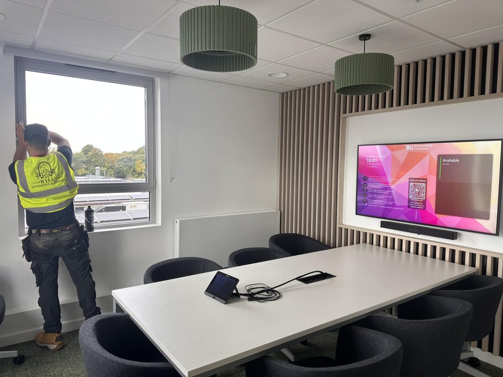 A commercial window installation in progress